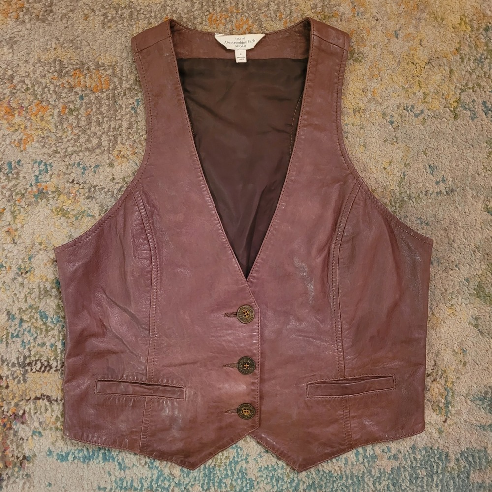 Abercrombie & Fitch Leather Vest Womens Large Brown Button Front Western Boho